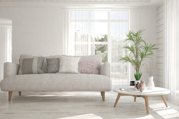 White living room with sofa. Scandinavian interior design. 3D illustration