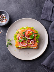 Sandwich with salmon, vegetables and cream cheese on plate. Dark background. Top view.
