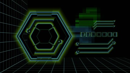 elements of electronic parts close-up with a bright violet glow. hud graphics. Background from a grid in space. virtual polyhedron backlit part. sci fi neon background. 3d illustration.