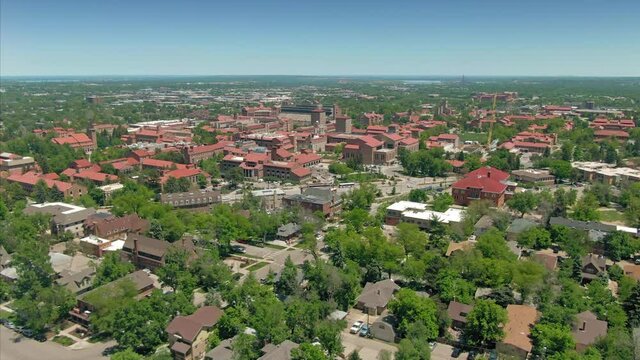 Aerial: flying over the University Of Colorado Boulder. Colorado, USA