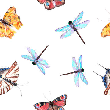 Watercolor butterfly with dragonfly on white background. Seamless pattern for fabric.