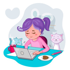 Plakat Home studying. Online education. Stay home. Work from home. A young woman seat at a desk with a laptop and cats.