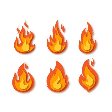 Set of fire flames on white background. Paper cut out art digital craft style. Vector illustration