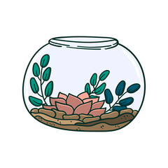 Succulents in a bottle decor element for urban jungle interior. Doodle hand drawn sticker, label, t-shirt print, stamp etc.