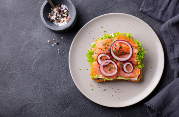 Sandwich with salmon, vegetables and cream cheese on plate. Dark background. Copy space. Top view.