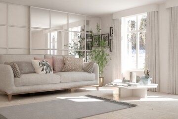 White living room with sofa. Scandinavian interior design. 3D illustration