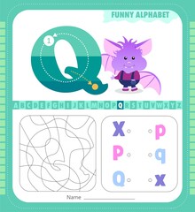 Letter Q and funny cartoon bat. Alphabet a-z. Coloring page. Printable worksheet.