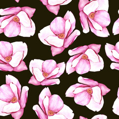 Seamless endless pattern of pink watercolor magnolia flowers on a brown background. Blossom hand-drawn in aquarelle. Pattern for packaging, bedding, textiles.