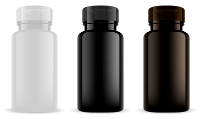 Supplement bottle. Vitamin pill jar mockup black, bown plastic. Pharmaceutical container for capsule and tablet. Vector 3d blank template with lid for medicine drug