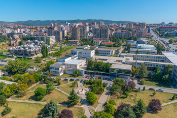 Aerial view of University of Prishtina, National library of Kosovo and unfinished serbian orthodox...