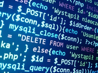 Blue code screen. Software development background. Coding concept.