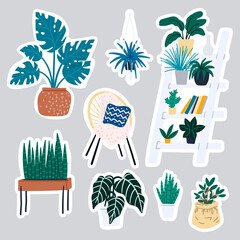 Urban jungle boho modern scandinavian interior design hand drawn flat stickers set. Cartoon doodle vector illustration
