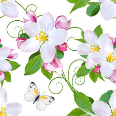 Spring background, blooming pink apple tree, branches, green foliage, white butterfly, seamless pattern