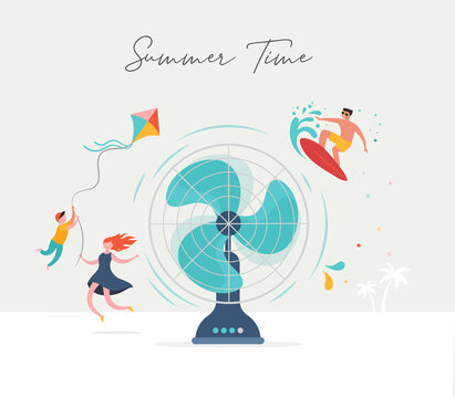Summer scene, group of people having fun around a huge fan, surfing, swimming in the pool, drinking cold beverage, playing on the beach