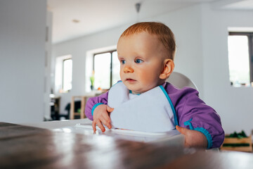 Portrait of baby girl sitting at dining table. Cute little child wearing bib sitting on highchair...