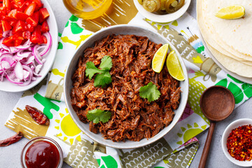Mexican shredded beef with tortillas, vegetables and sauce. Grey background. Top view.