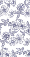 Vintage floral seamless pattern with outline rose 