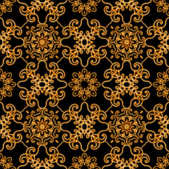 Seamless pattern. Golden textured curls. Oriental style arabesques. Brilliant lace, stylized flowers. Openwork weaving delicate, golden background, 3D rendering.