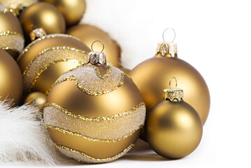 golden christmas balls on white background