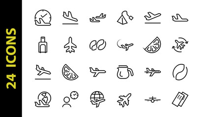 A simple set of airport related vector line icons. Contains badges such as departure, boarding, waiting time, boarding, find a place to travel tickets, and much more. Editable stroke. 48x48 pixels