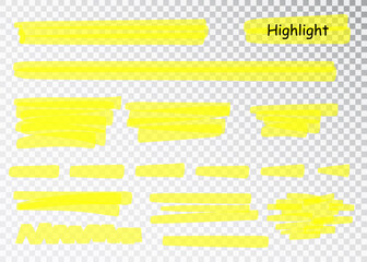 Yellow Highlighter Marker Strokes. Vector brush pen underline lines. Yellow watercolor hand drawn highlight set.