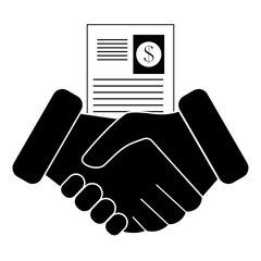 Obraz premium Business contract icon. Handshake, partners, paper document with dollar sign. Business concept partnership, trust and collaboration. Vector illustration. 