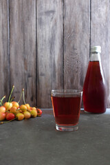 Fresh homemade compote of red berries, cherry compote in a jar, copy space.