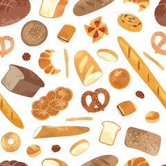 Seamless pattern with different breads and homemade baked products: croissant, baguette, toast, pretzel. Bakery goods background for cooking book, restaurant menu, posters, prints, wrapping paper