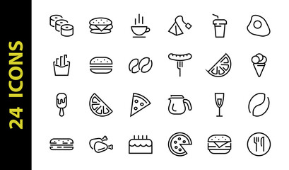 A simple set of fast food icons related to the vector line. Contains icons such as pizza, burger, sushi, bike, scrambled eggs and more. EDITABLE stroke. 480x480 pixels perfect, EPS 10