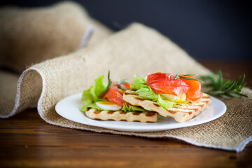 fried bread toast with salad leaves and salted red fish