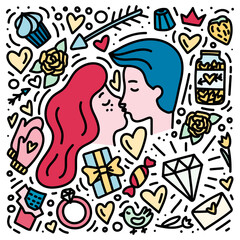 Romantic couple kissing. Doodle hand drawn Valentine'sDay concept. Print for for valentines, save the date or wedding card.