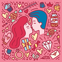 Couple in love kissing. Doodle hand drawn Valentine'sDay concept. Print for for valentines, save the date or wedding card.