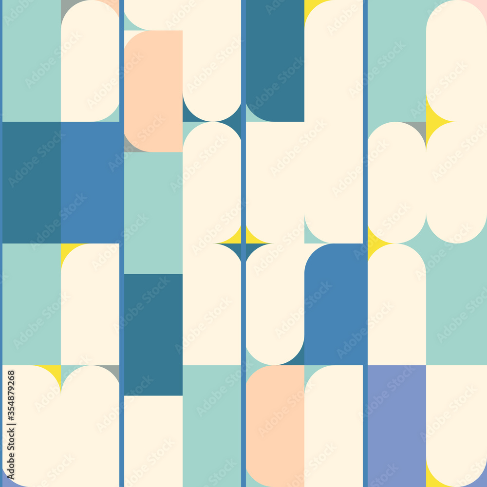 Poster Modern vector abstract seamless geometric pattern with semicircles, circles ,squares and lines in retro scandinavian style. Illustration with geometric figures. Background for fabric or wallpaper