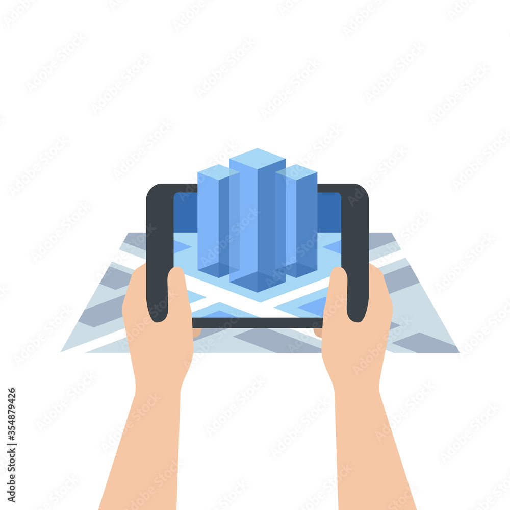 Poster augmented reality - vector concept with tablet screen holding in hands, isometric map and 3d-visuali