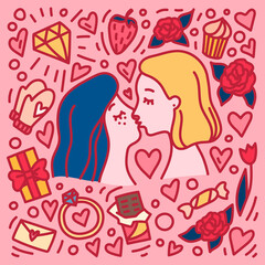 Fototapeta na wymiar Two young women kissing each other. Valentine's Day hand drawn doodle style concept. Gay romantic couple. Homosexual relationship.