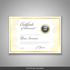 Certificate of achievement - appreciation, completion, graduation, diploma or award with gold waves background. Template design with watermark, gold guilloche