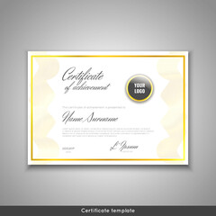 Obraz premium Certificate of achievement - appreciation, completion, graduation, diploma or award with gold waves background. Template design with watermark, gold guilloche