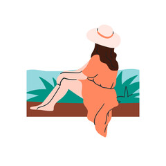 Girl is sitting on the wall and looking on the sea or ocean and palm trees. Retro colors summer card or print for clothing, your apparel.