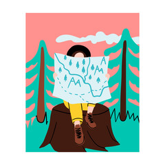 Girl explore the map in the wood sitting on the stump. Mountain or forest hiking.