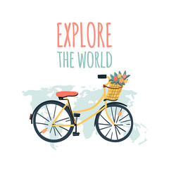 Explore the world. City bike with a basket of flowers. Hand drawn cartoon illustration