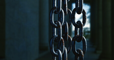 Metal chain hanging. Rusty steel  chain links close-up. 3d rendering