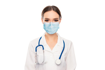 Close-up portrait of her she attractive pretty girl doc medic intern wearing gauze mask infection influenza patient therapy stop against cov isolated over light white bright color background