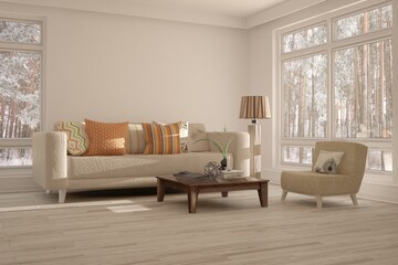 White living room with sofa. Scandinavian interior design. 3D illustration