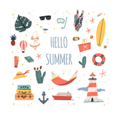 Hello Summer. Hand drawn doodle summer illustration with palm leaf, lighhouse, swimsuit, cactus, surfboard, pineapple etc.