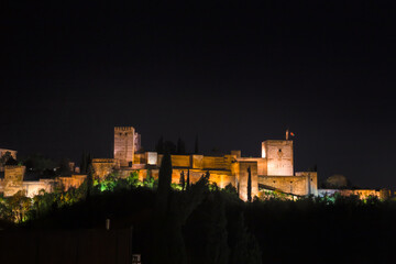Fototapeta na wymiar Panoramic night view of the Alhambra in the city of Granada, Spain.