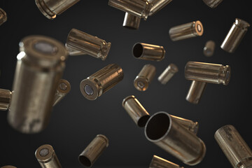 Photorealistic 3D illustration of Flying bullet shells on a studio background - obrazy, fototapety, plakaty