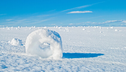 rolls of snow crust ride on a snowy field