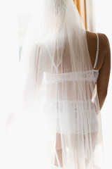Bride with a veil on her head in lingerie. standing by the window.