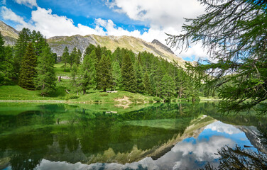 Landscape panorama of Lai da Palpuogna / Palpuognasee, mountain lake, Albula Pass in the municipality of Berg&uuml;n, in the Grisons, Switzerland                     
