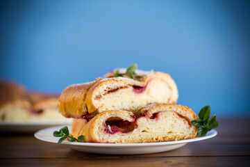 sweet baked yeast dough pie with berries